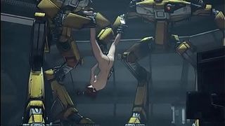 Рыжую девку похители, теперь её насилует в задницу мужик и два его робота